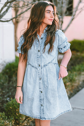 Blue Mineral Washed Ruffled Short Sleeve Pocketed Denim Dress-True and Wild