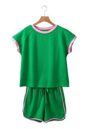 Bright Green Two Tone Contrast Trim Textured Tee and Shorts Set