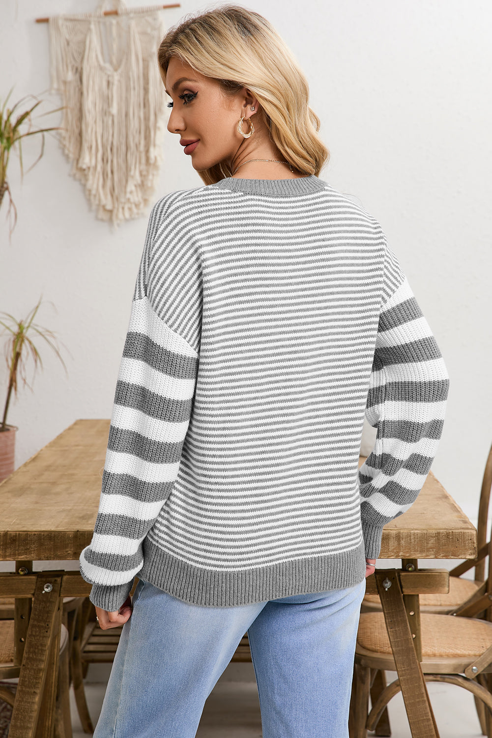 Red Stripe Twisted Knitted Drop Shoulder Sweater-True and Wild