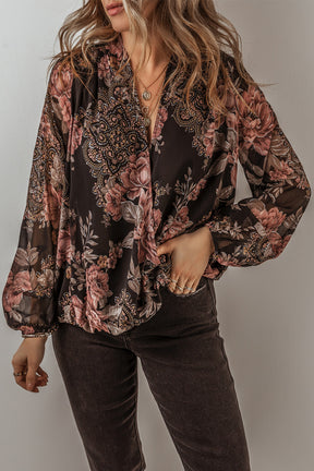 Black Floral Print Criss Cross V Neck Balloon Sleeve Blouse-True and Wild