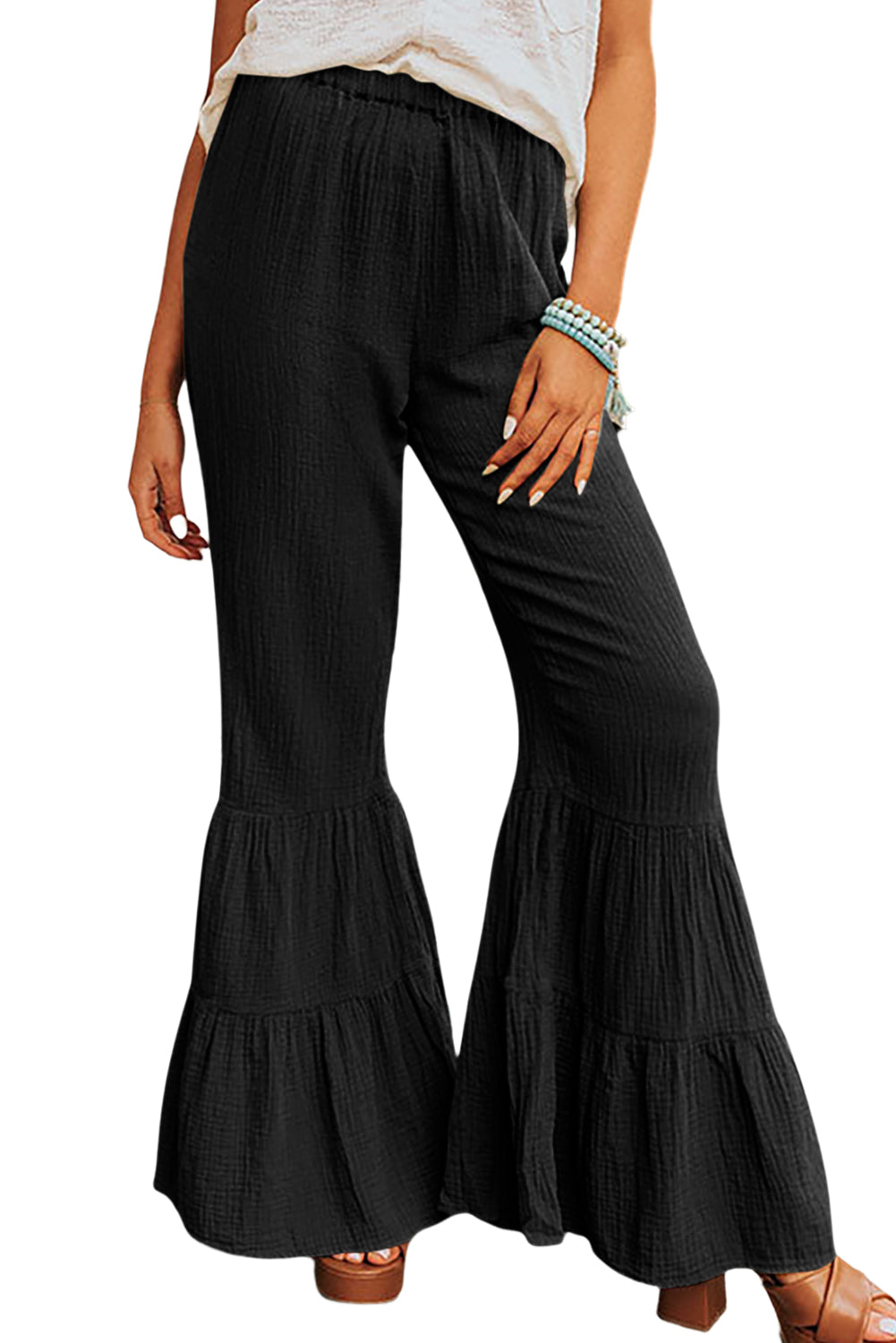 Black Plain Cotton Tiered Ruffle Flare High Waisted Pants-True and Wild