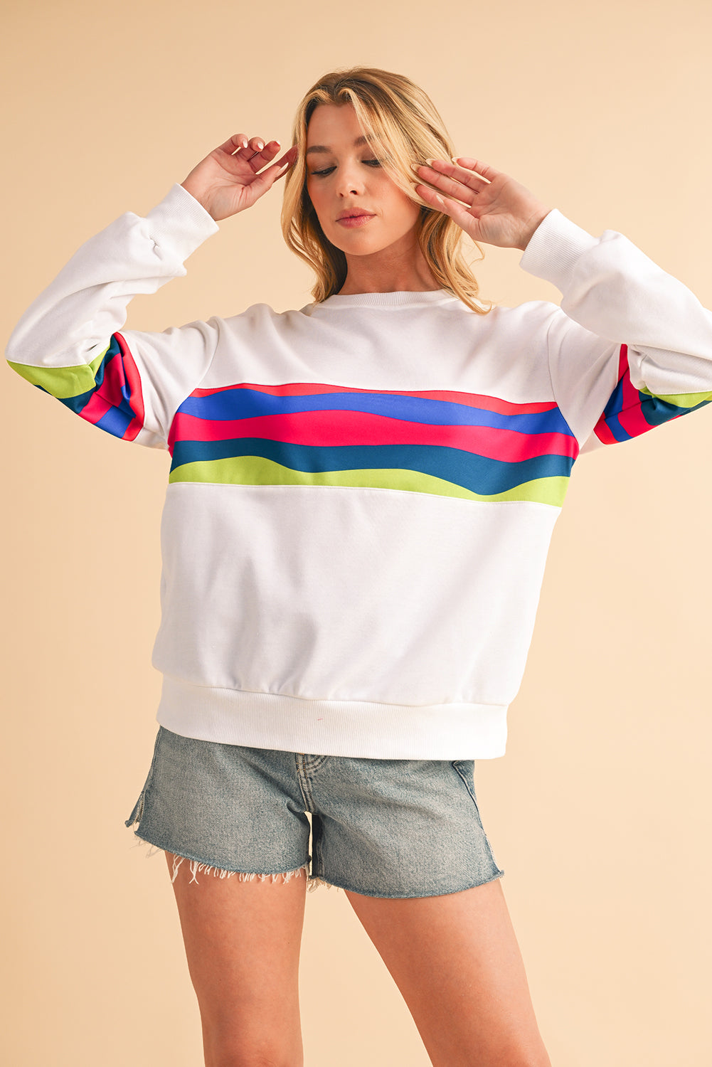 Green Colorful Striped Round Neck Long Sleeve Top