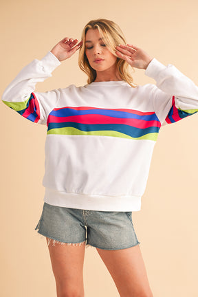 Green Colorful Striped Round Neck Long Sleeve Top