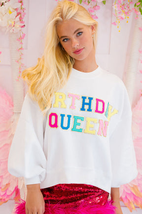 White BIRTHDAY QUEEN Graphic Lantern Sleeve Sweatshirt