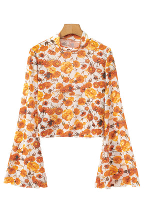 Orange Floral Print Bell Sleeve Mock Neck Scallop Trim Blouse-True and Wild