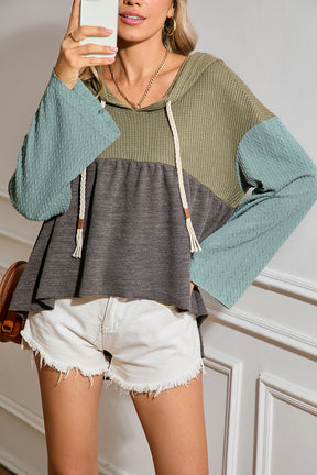 Laurel Green Waffle Knit Patchwork Drawstring Hooded Top-True and Wild