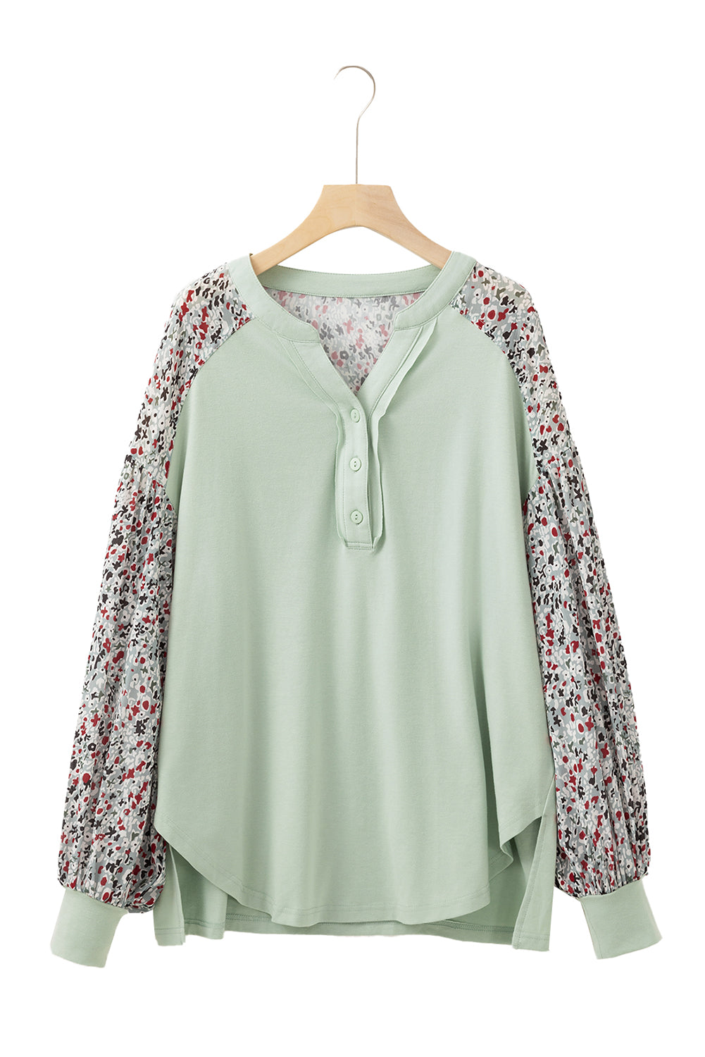 Meadow Mist Green Floral Print Bubble Sleeve Henley Loose Top-True and Wild