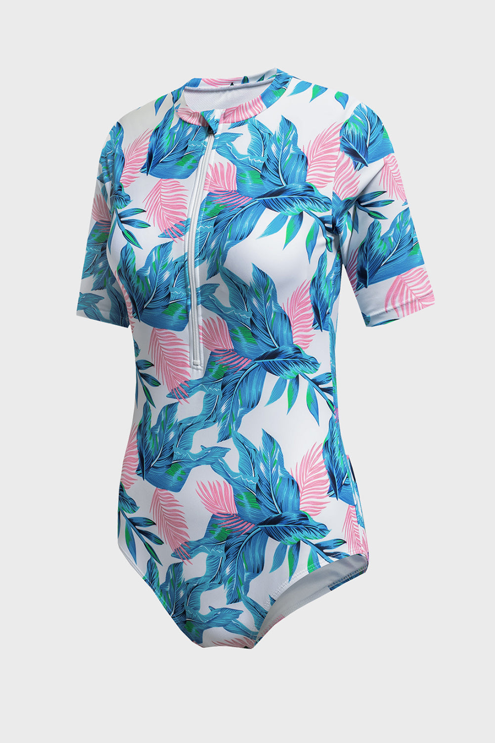 Blue Plant Print Zip Front Half Sleeve One Piece Swimsuit