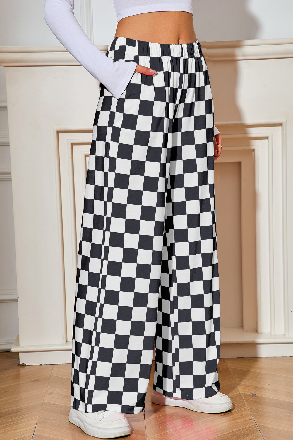 Black Checkered Print High Waist Wide Leg Pants-True and Wild