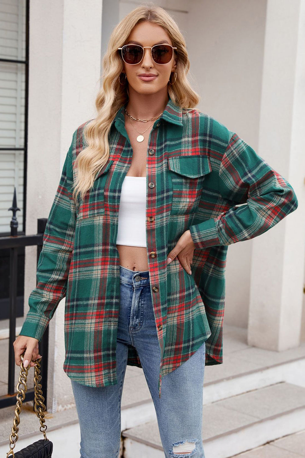 Green Plaid Chest Pocket Button Front Shirt-True and Wild