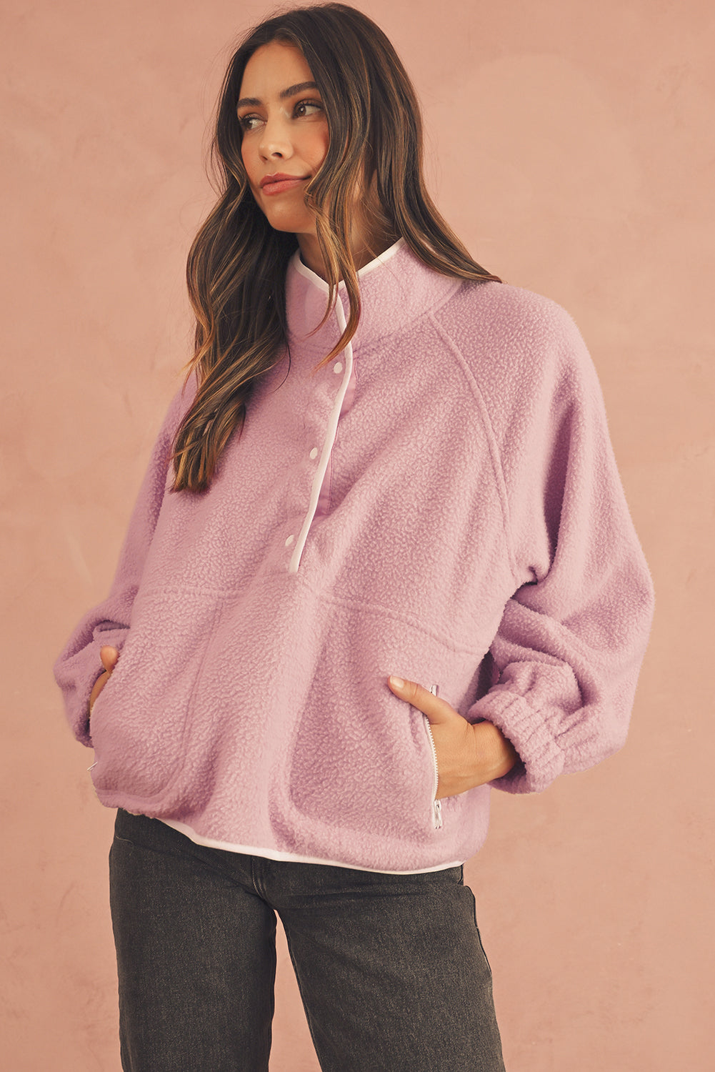 Fushia High Collar Long Sleeve Pocket Pullover Sweatshirt-True and Wild