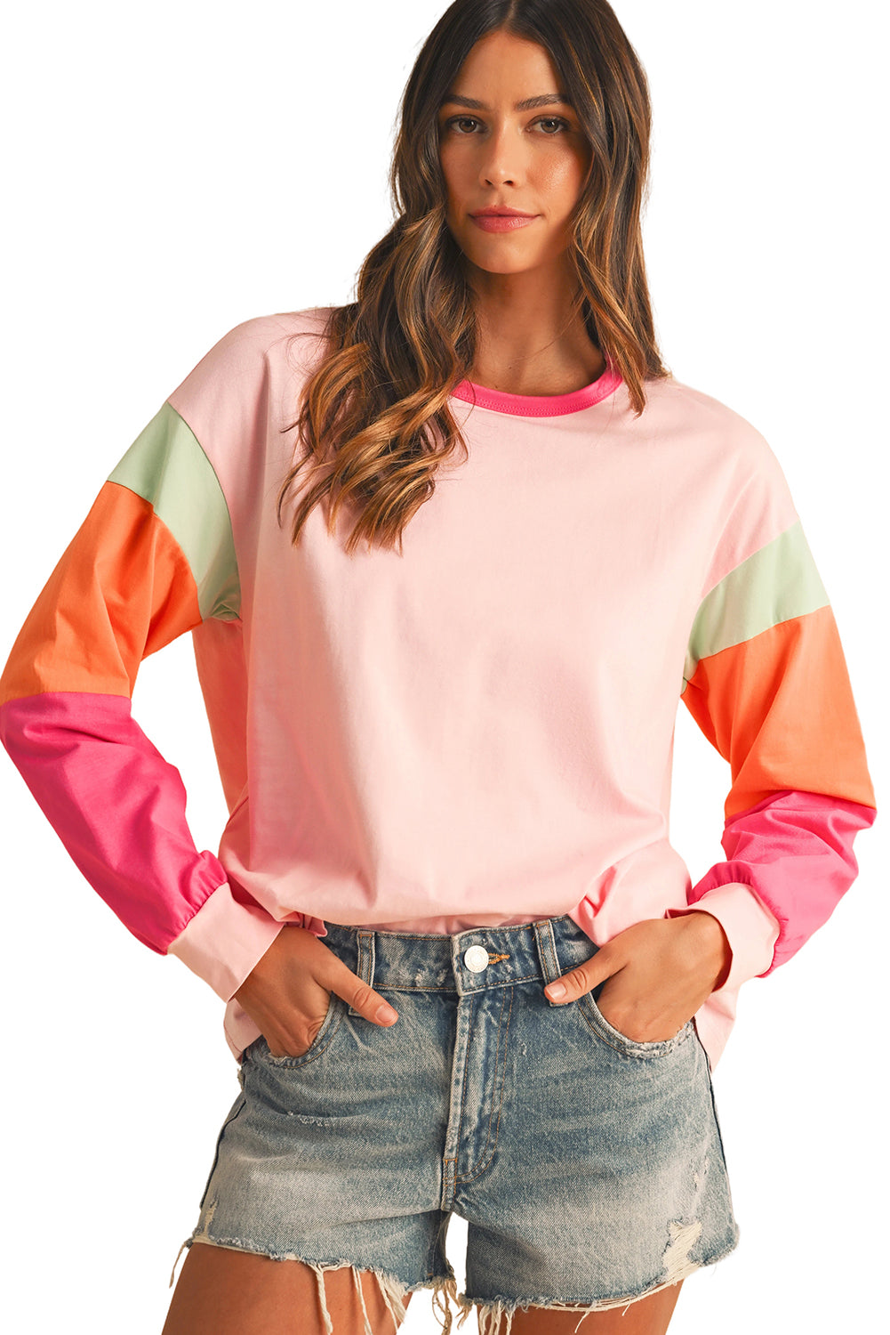 Rose Red Color Block Sleeve Loose Fit Top-True and Wild