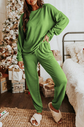 Red Casual Long Sleeve Pullover & Joggers Pajamas Set-True and Wild