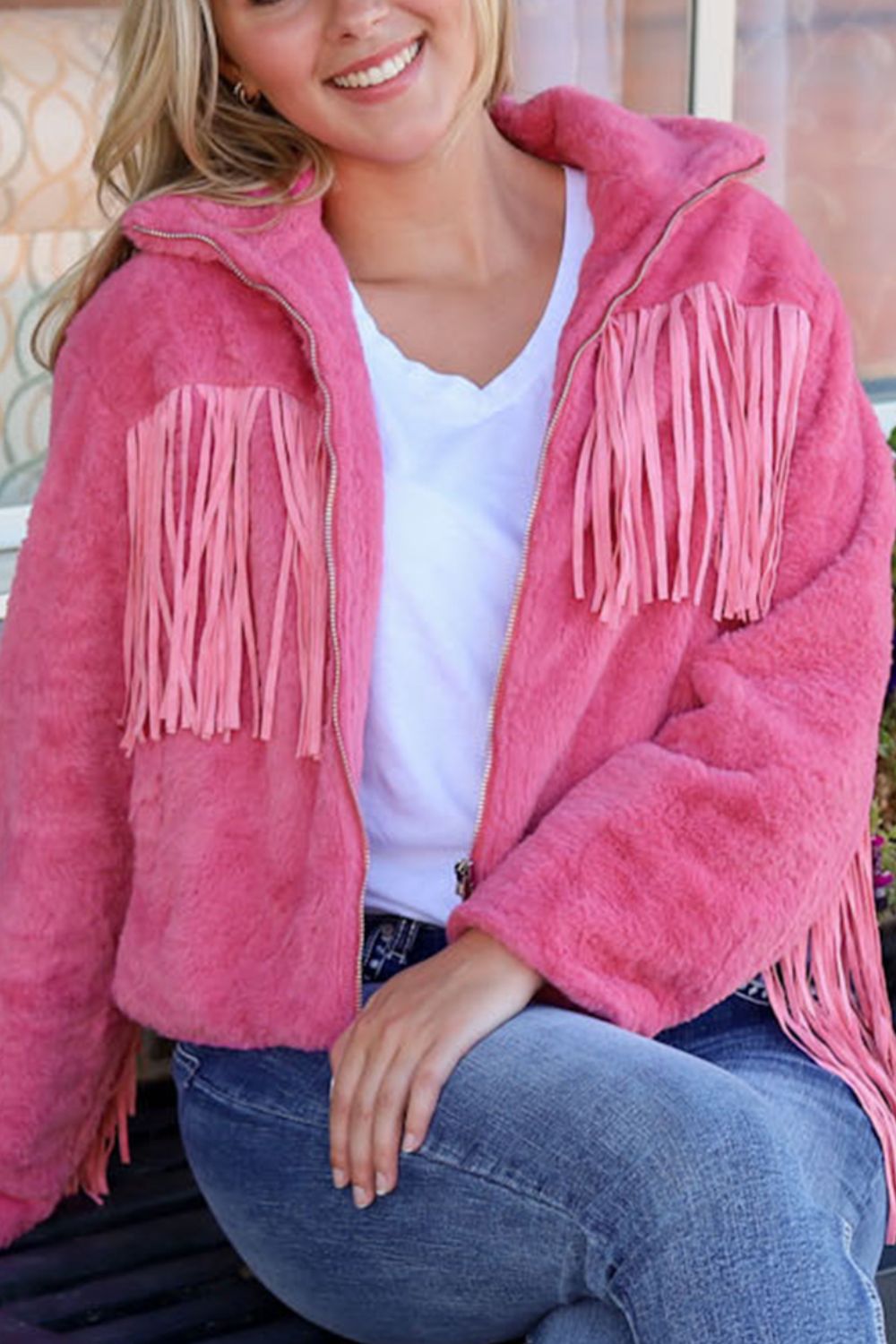 Fringed Zip Up Fleece Jacket-True and Wild