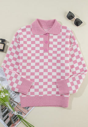 Checkered Collared Neck Long Sleeve Sweater-True and Wild