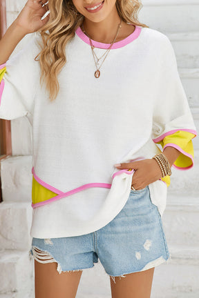 White Colorblock 3/4 Sleeve Relaxed Top