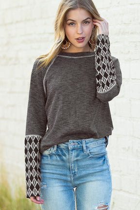 Gray Ribbed Casual Geometric Patchwork Long Sleeve Top-True and Wild