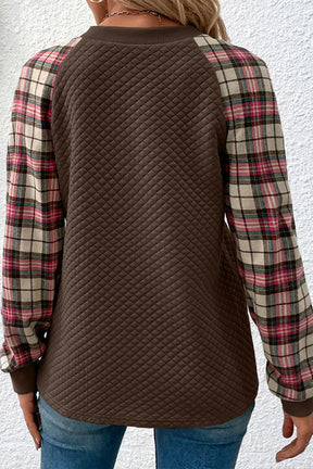 Brown Plaid Print Waffle Quilted Raglan Sleeve Sweatshirt-True and Wild