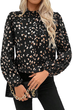 Black Leopard Print Puff Sleeve Mock Neck Pleated Blouse-True and Wild