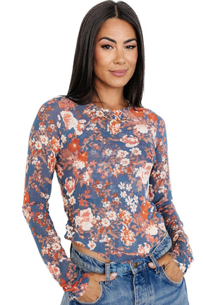 Orchid Petal Allover Floral Print Mesh Long Sleeve Top