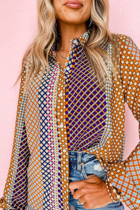 Brown Dot Print Long Sleeve Button Down Shift Shirt-True and Wild