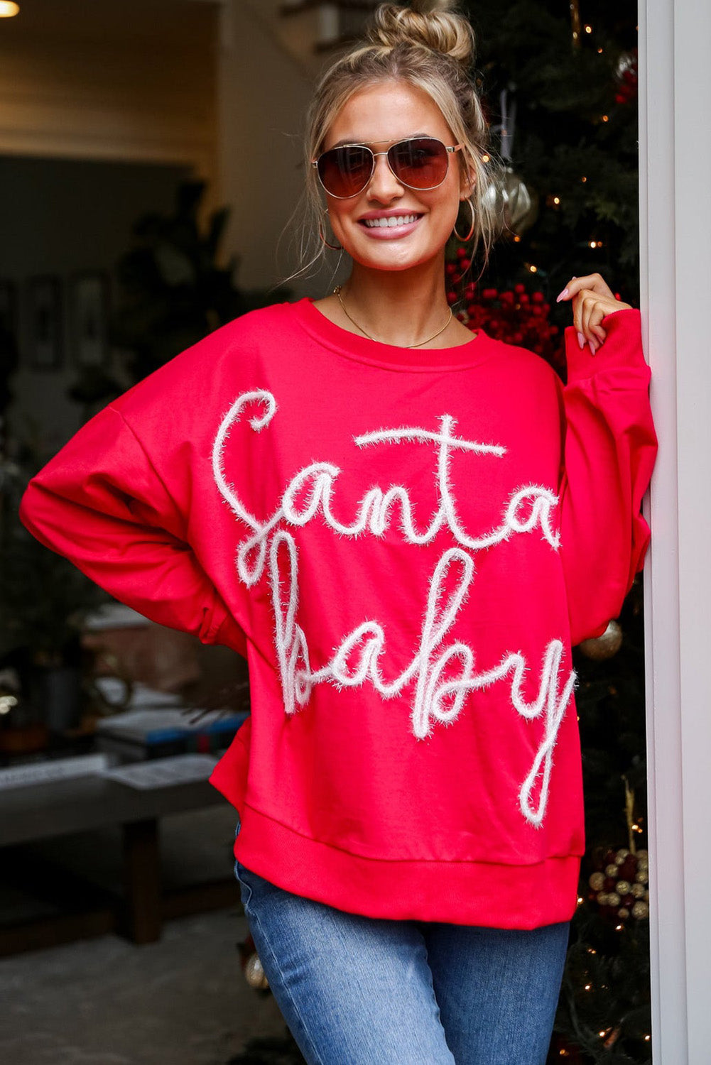 Fiery Red Christmas Tinsel Santa Baby Graphic Sweatshirt-True and Wild