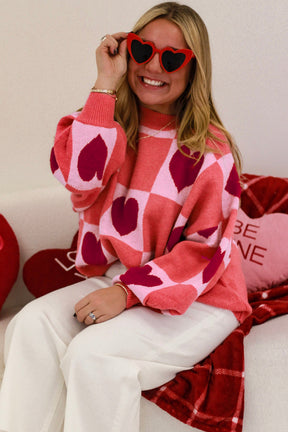 Pink Plus Size Heart Colorblock Mock Neck Lantern Sleeve Sweater-True and Wild