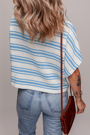 Sky Blue Stripe Boxy Fit Wide Sleeve Knit T Shirt