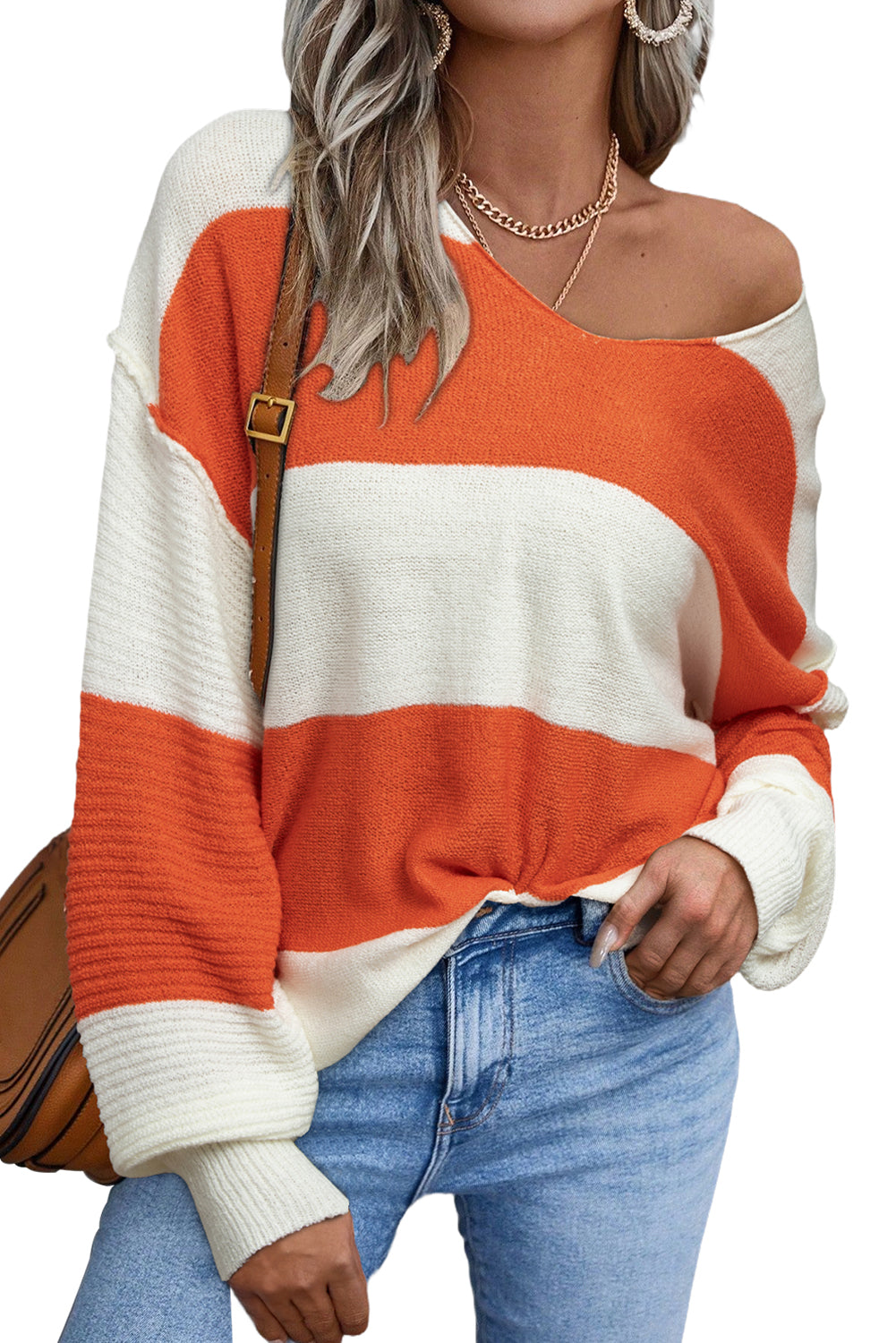 Orange Colorblock V Neck Side Slits Sweater-True and Wild