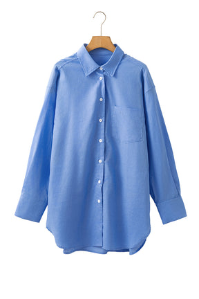 Blue Chest Pocket Button-up Loose Fit Blouse-True and Wild