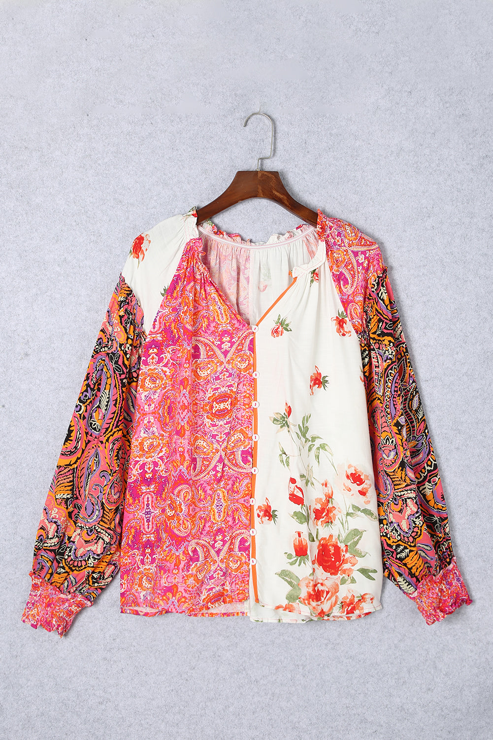 Frill Floral Shirred Cuff Long Sleeve Blouse-True and Wild