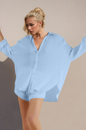 Basic Bae Breathable Button Down Long Sleeve Top and Shorts Set-True and Wild