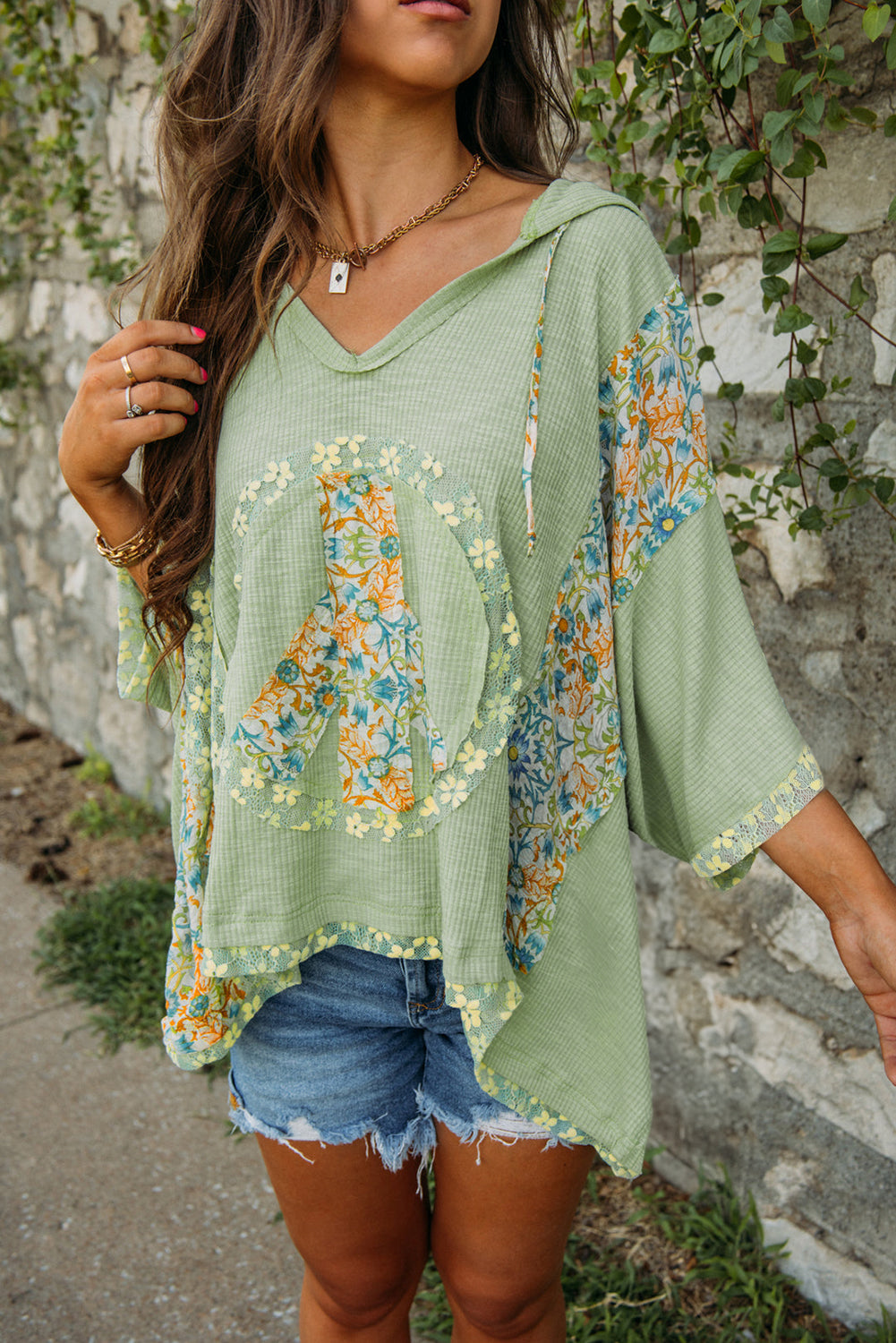 Clearly Aqua Floral Patchwork V Neck Batwing Sleeve Ribbed Top-True and Wild