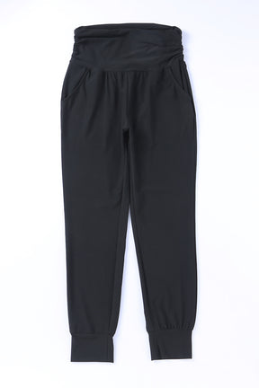 Black Pleated Casual Pocket High Waisted Leggings-True and Wild