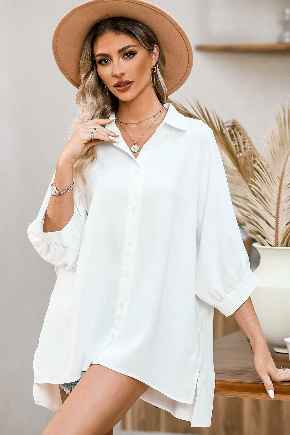 White Plain 3/4 Batwing Sleeve Oversize Button Up Blouse