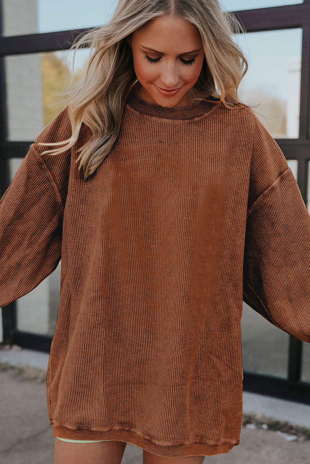 Chestnut Plain Drop Sleeve Crinkle Rib Oversized Sweatshirt-True and Wild