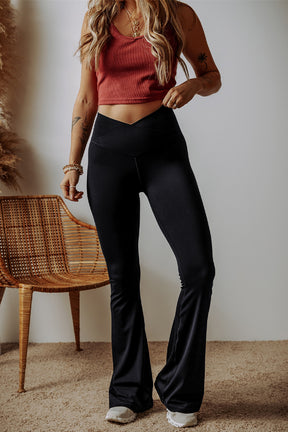 Black V Shape High Waist Flared Leggings-True and Wild