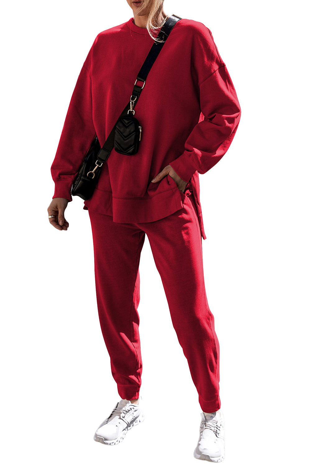 Racing Red Solid Color High Low Pullover and Pants Set-True and Wild