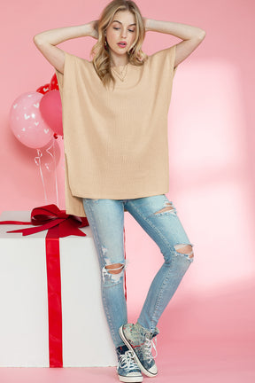 Haze Blue Side Slit Short Sleeve Oversized Sweater-True and Wild