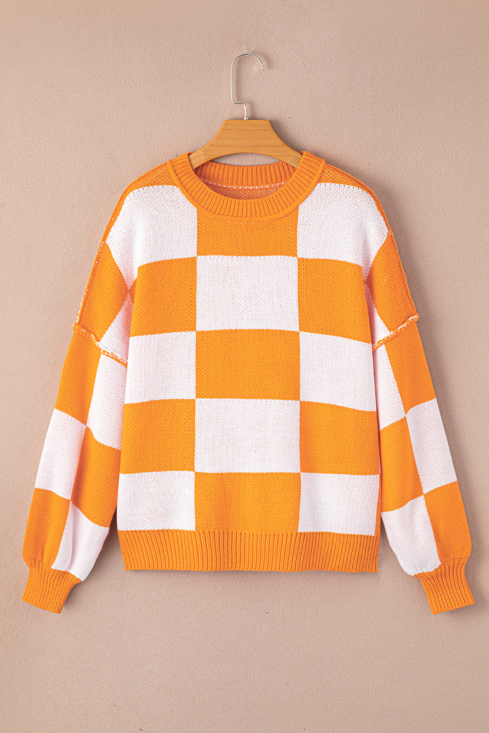 Orange & White Plaid Exposed Seam Bishop Sleeve Sweater-True and Wild