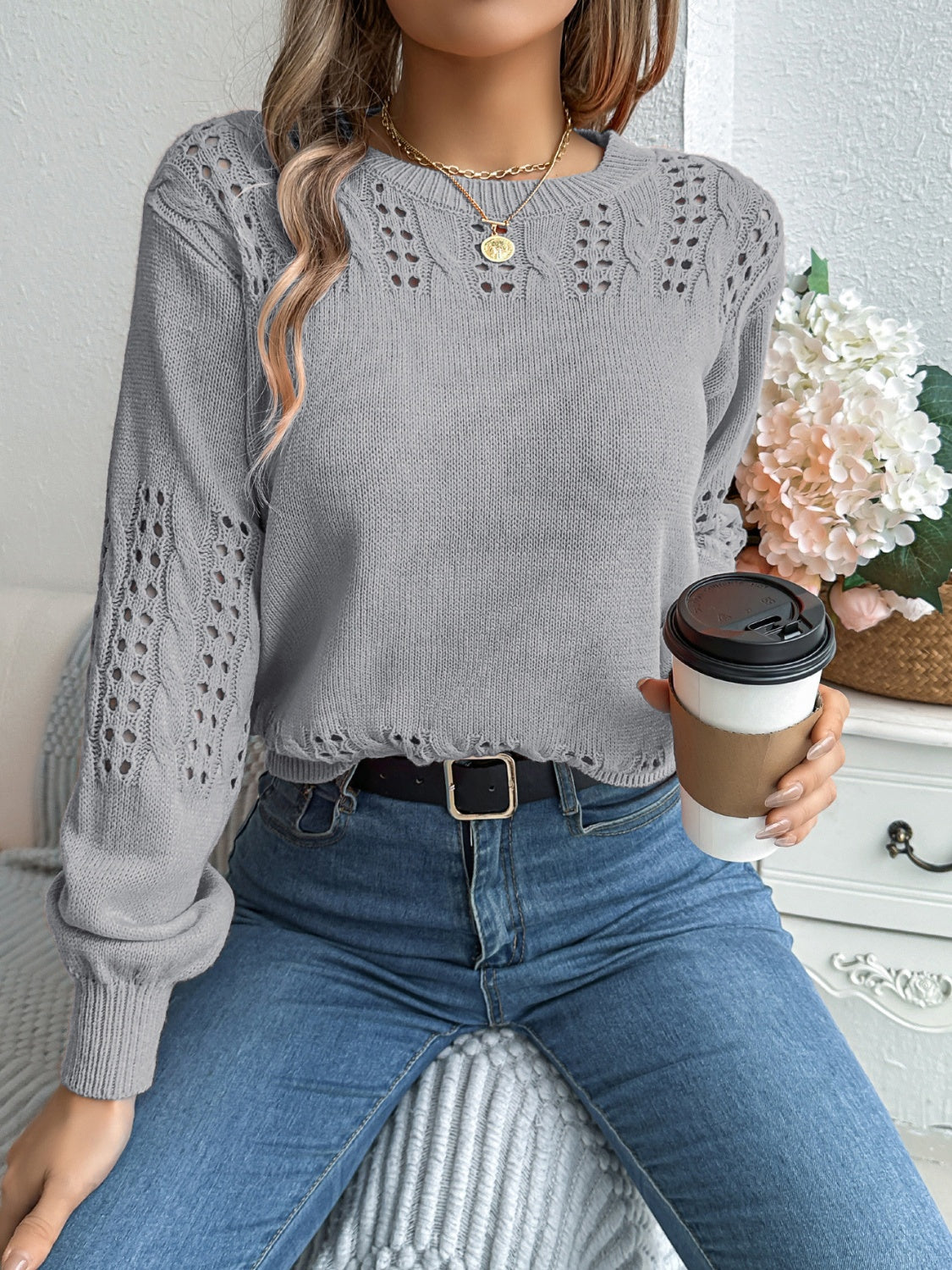 Openwork Round Neck Long Sleeve Sweater-True and Wild