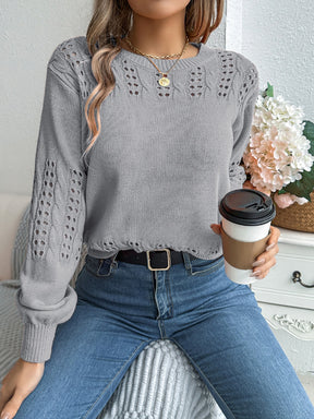 Openwork Round Neck Long Sleeve Sweater-True and Wild