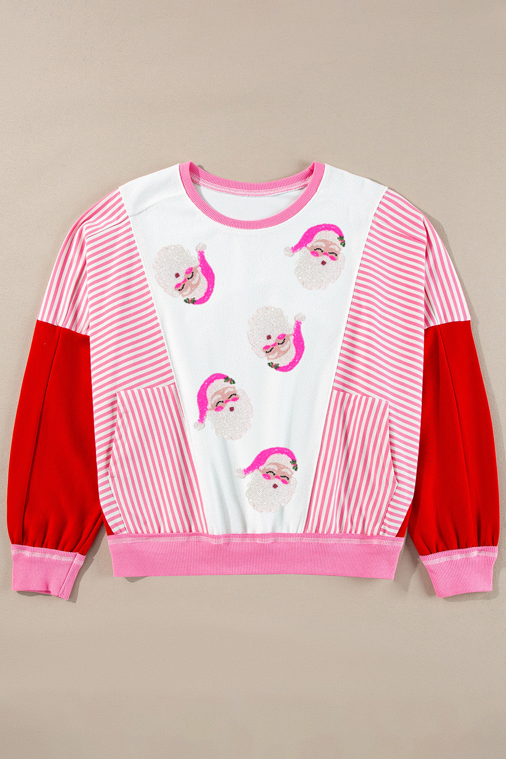 Rose Red Santa Claus Striped Block Patchwork Graphic Sweatshirt-True and Wild