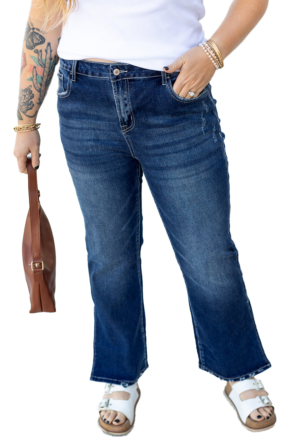 Dirty Blue Distressed Hem Plus Size Flared Jeans-True and Wild