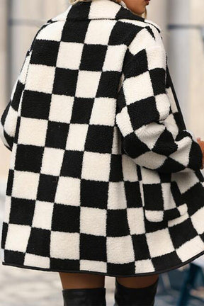 Black Checkered Side Pockets Collared Buttoned Fleece Jacket-True and Wild