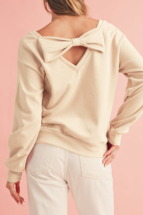 Apricot Bowknot Plain Round Neck Sweatshirt-True and Wild