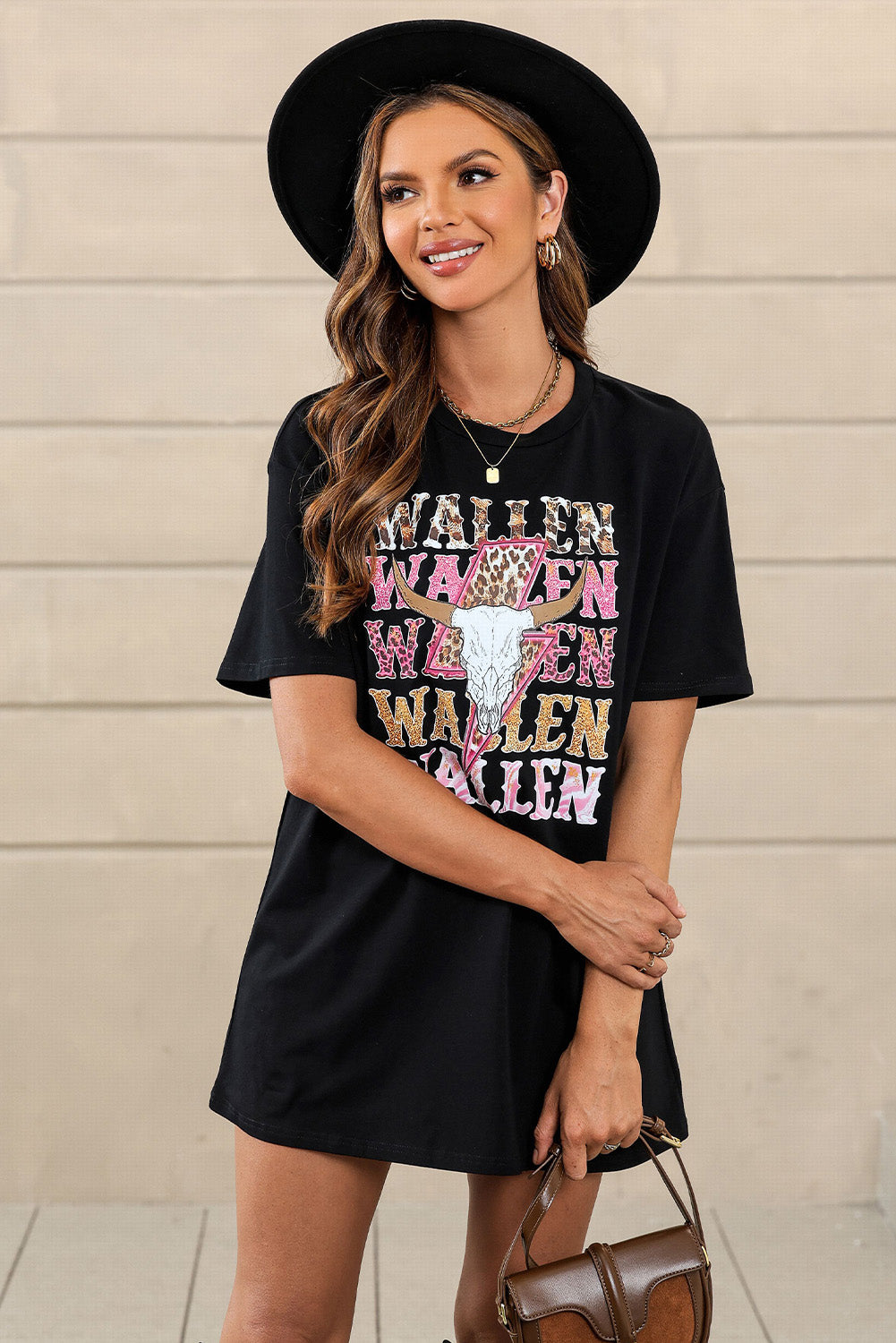 Black WALLEN Letter Print Animal Graphic Oversized Tee-True and Wild