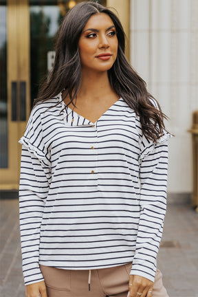 White Striped Snap Button Ruffle Trim Long Sleeve Top