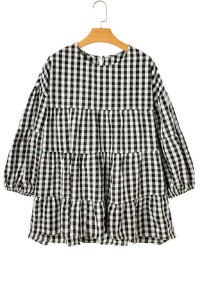 Black Plaid Drop Sleeve Tiered Oversized Blouse-True and Wild