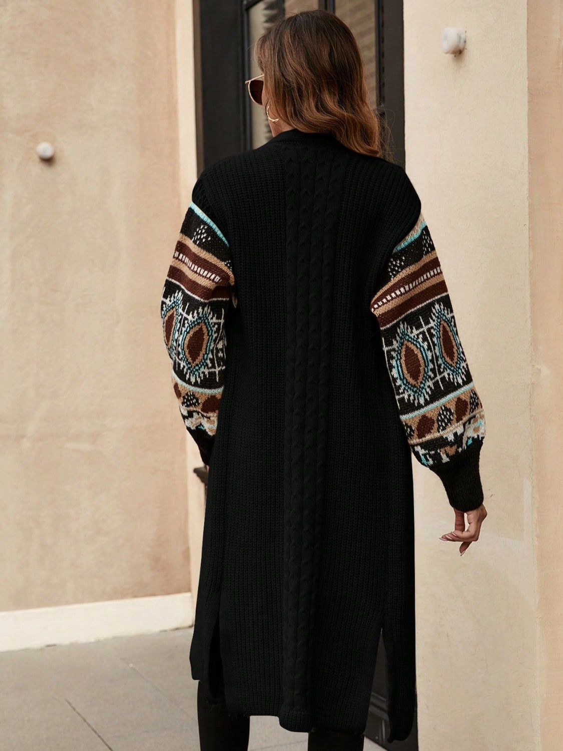 Slit Open Front Long Sleeve Longline Cardigan